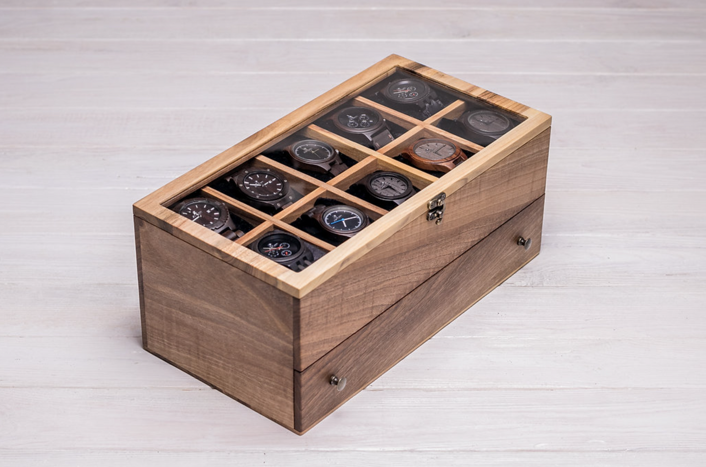 Uhrenbox für zehn Uhren mit Schublade